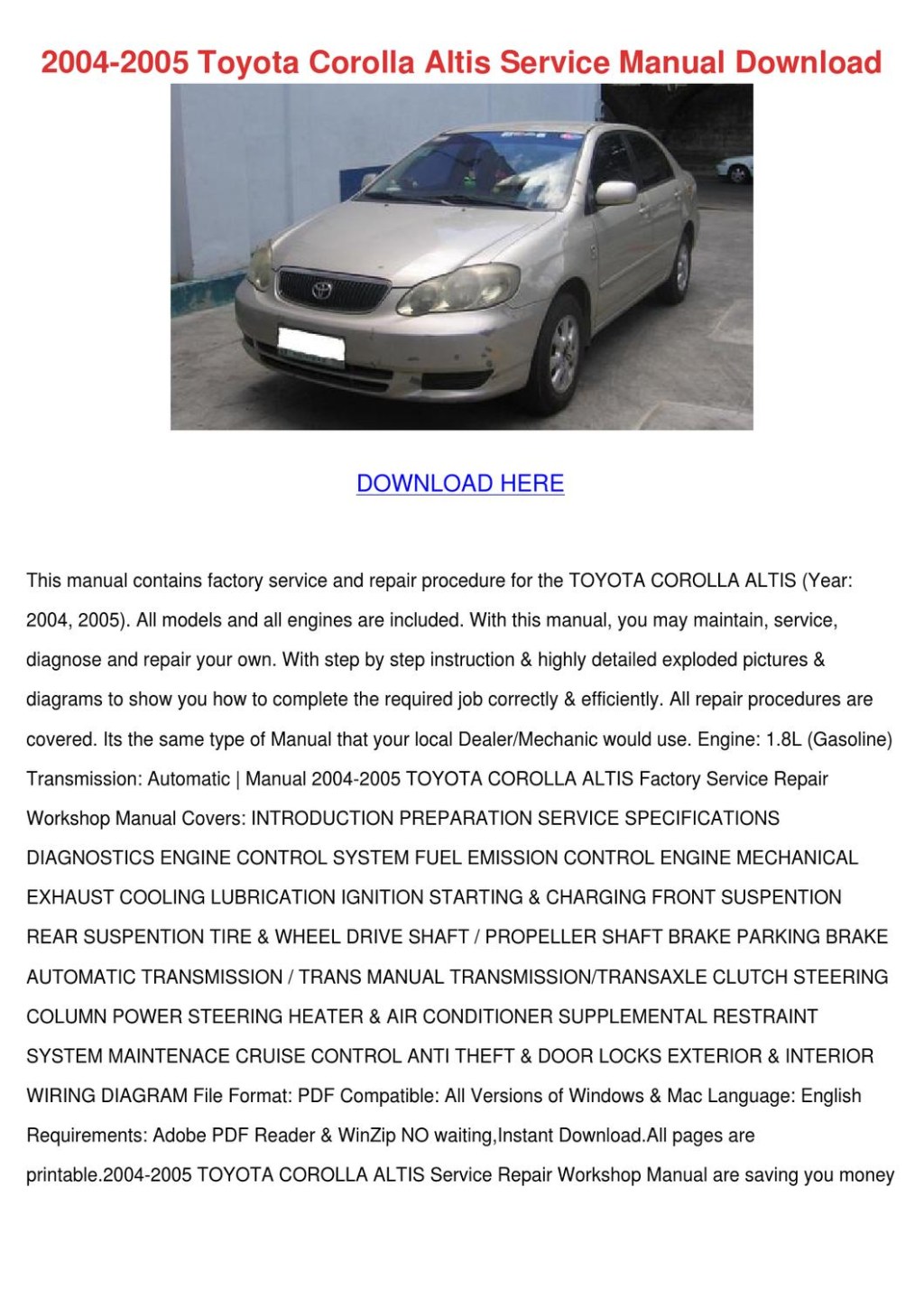 Picture of: Toyota Corolla Altis Service Manual by MapleMartindale