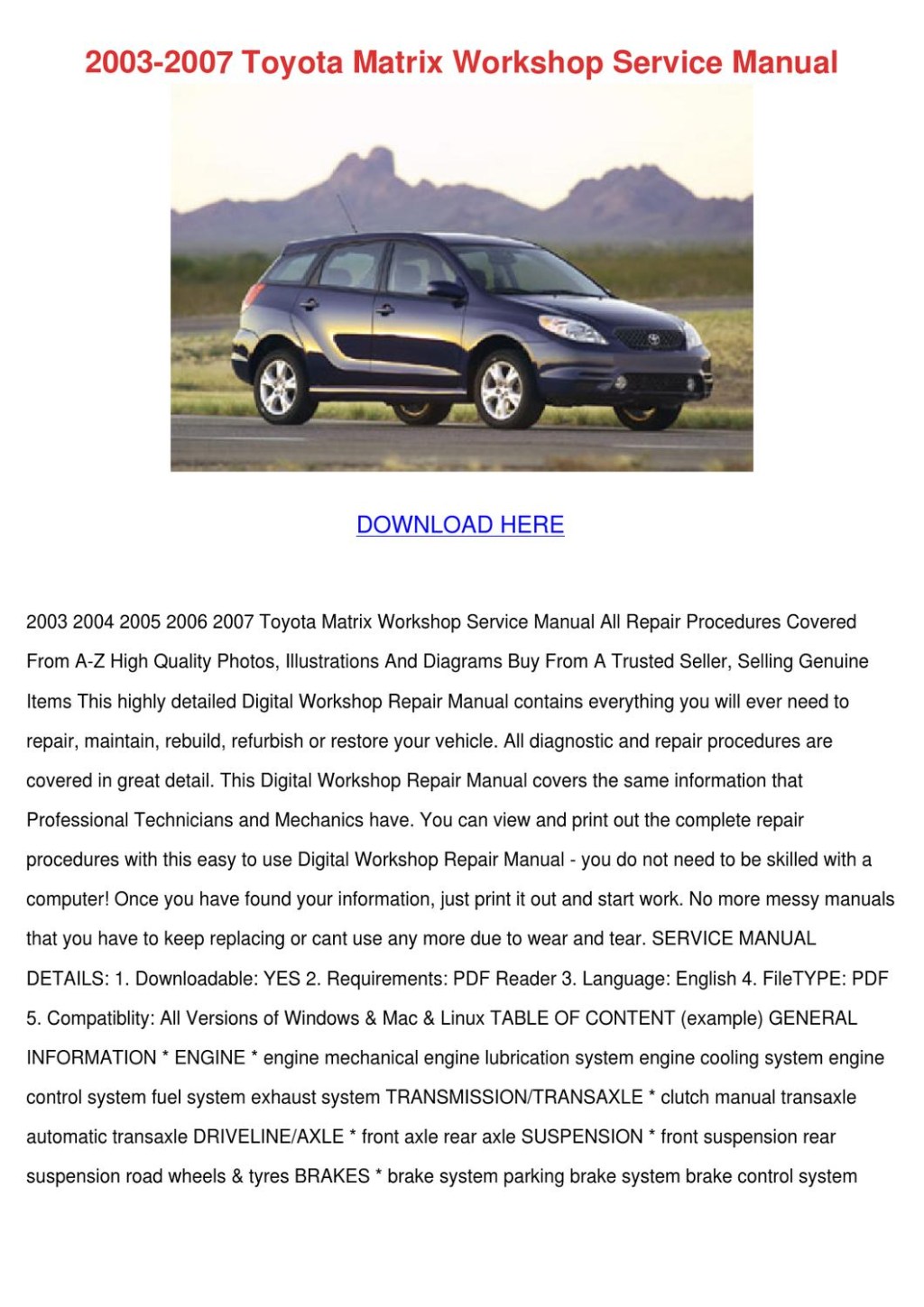 Picture of: Toyota Matrix Workshop Service Manu by Sonia Mahoney – Issuu